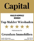 Capital Makler-Kompass Wohnen: Top Makler Wiesbaden, Höchstnote (5 Sterne) für GRUNDUM Immobilien. Quelle: IIB Institut, Heft 10/26, gültig bis 10/27.